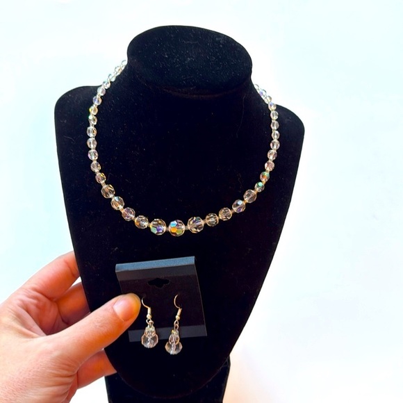 Vintage Crystal Clear Glass AB Necklace and Earrings Set - Picture 1 of 6